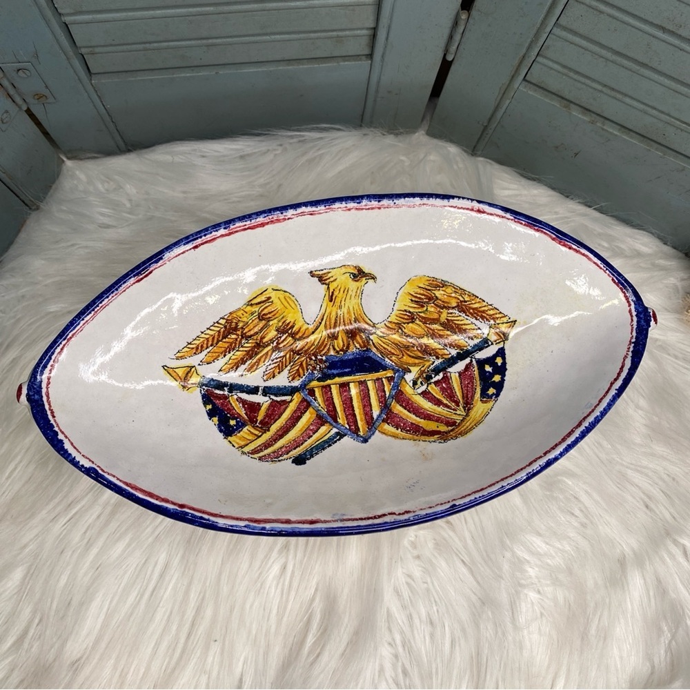Vintage Italian Eagle Pottery Oval Pedestal Centerpiece Display Bowl